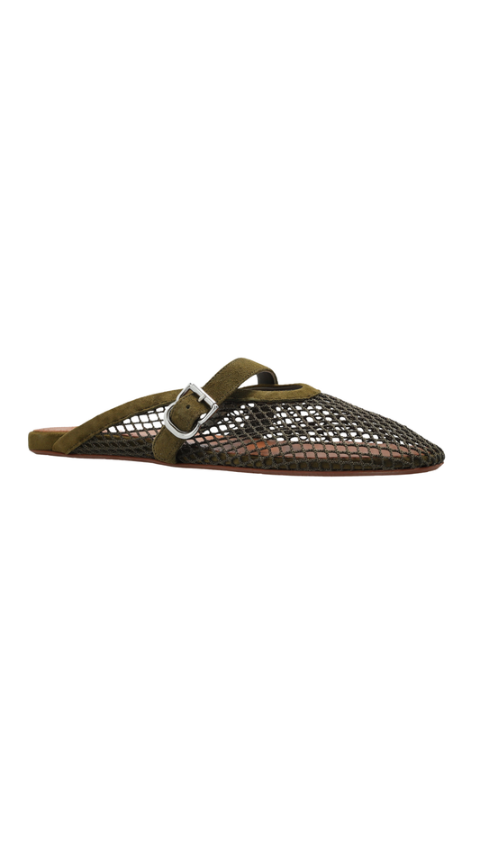 Flat Mules in Green Fishnet