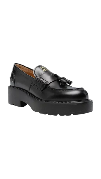 Women's Black Leather Loafers Round Toe Tassel Chunky Sole