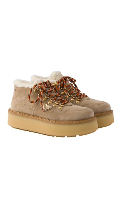 Shearling-Lined Suede Booties in Desert Beige