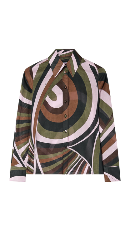 Iride Print Cotton Muslin Shirt in Khaki and Pink