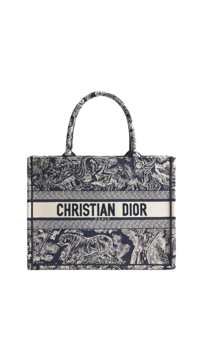 Medium Dior Book Tote in Blue and Ecru Toile de Jouy Reverse Embroidery