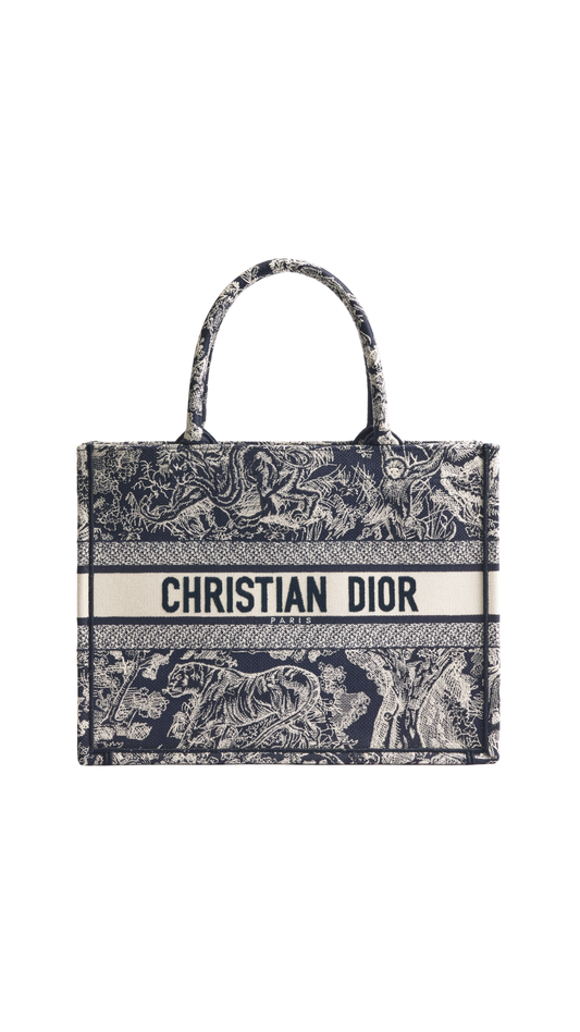 Medium Dior Book Tote in Blue and Ecru Toile de Jouy Reverse Embroidery