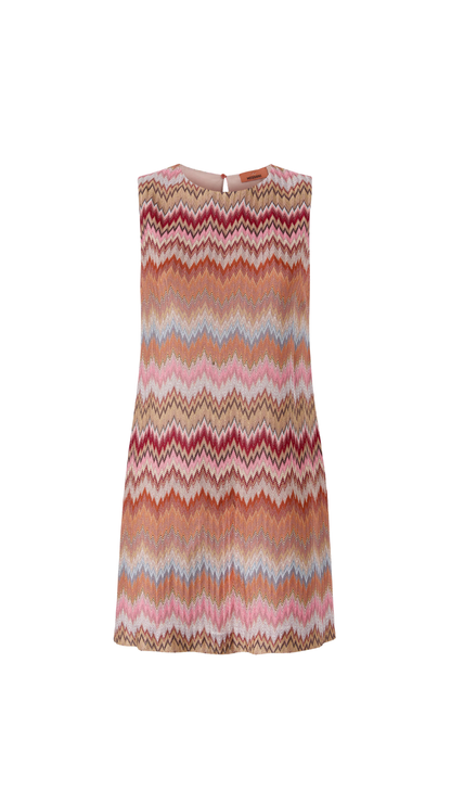 Sleeveless Viscose Chevron Mini Dress in Green & Brown