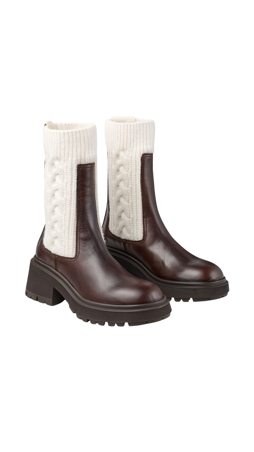 Tamia Flat in Chocolate Shiny Calf Leather Ankle Boots with Cable Knit