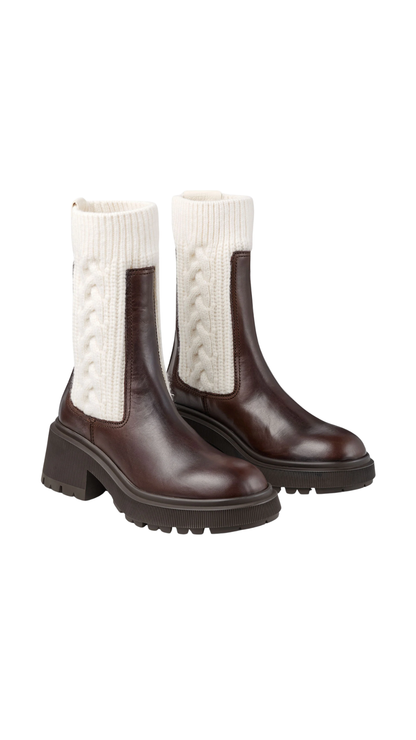 Tamia Flat in Chocolate Shiny Calf Leather Ankle Boots with Cable Knit