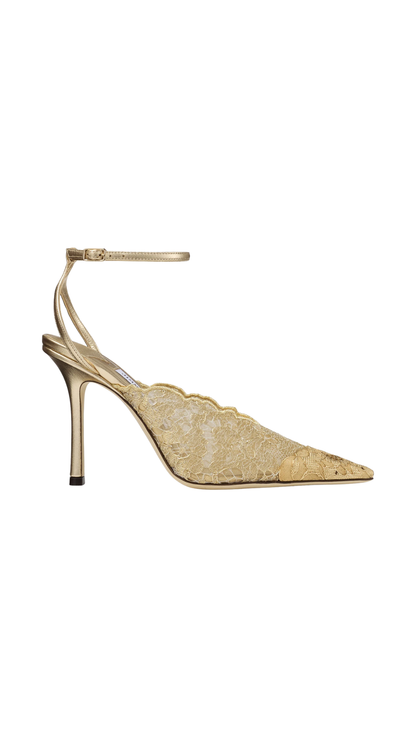 Faiz 100 Gold Metallic Jimmy Choo Lace Pumps with Metal Lace Detail