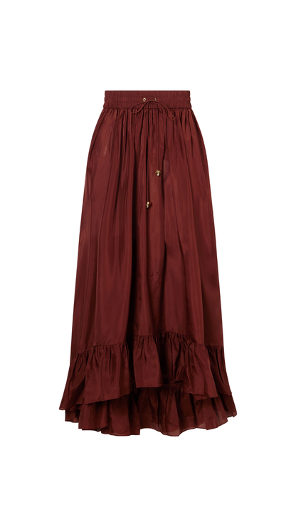 Aster Ruffled Silk Maxi Skirt in Burgundy