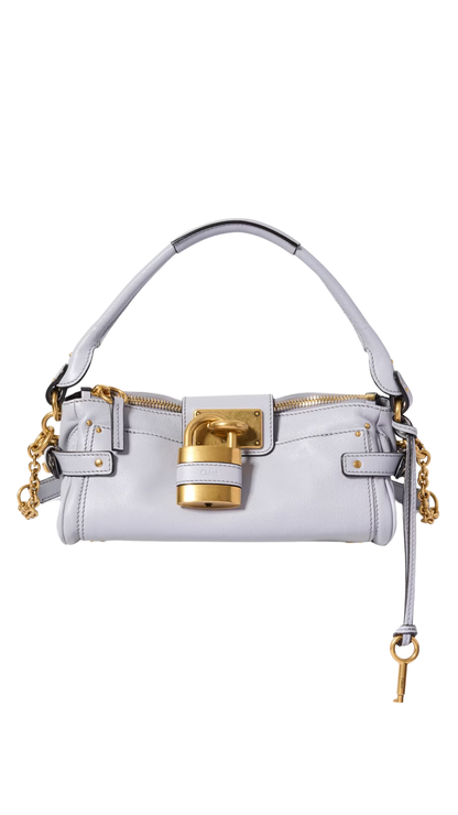 Small Paddington Bag with Strap in Greyish Blue Grained Leather