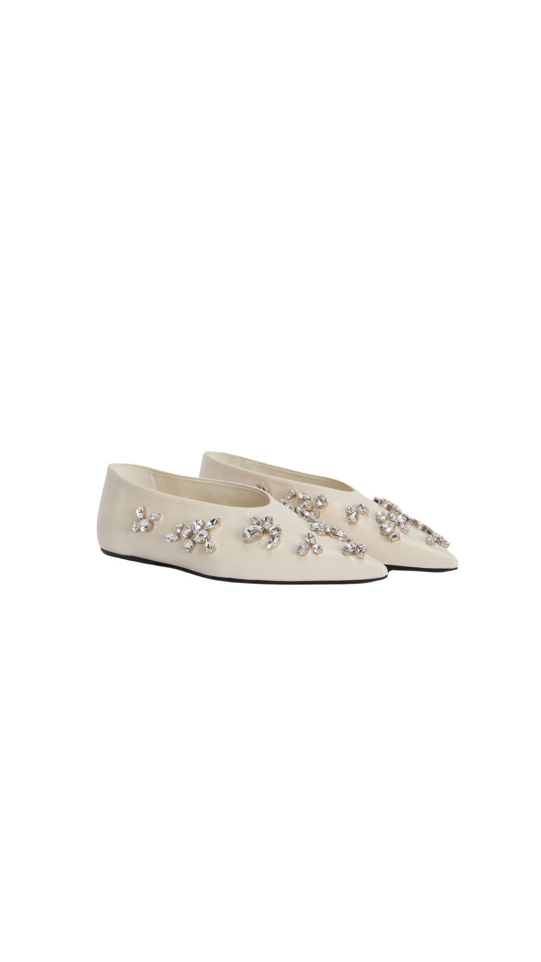 Ballerina in Eggshell Flat Leather Ballerinas with Pointed Toe and Crystals