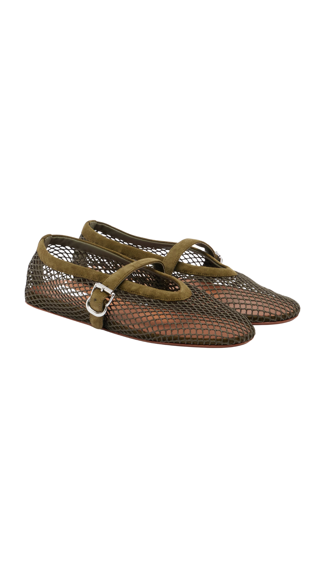 Suede-Trimmed Fishnet Ballet Flats in Green