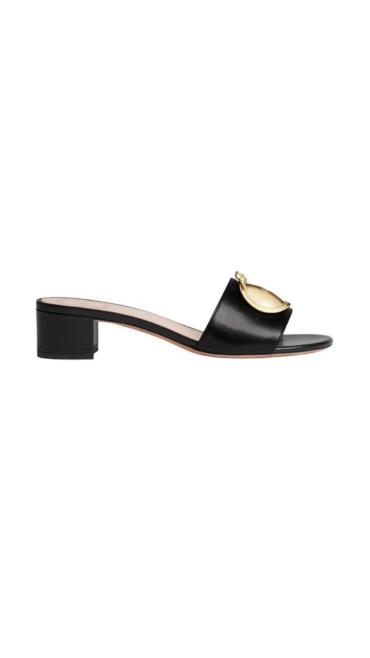 Dior Médaillon Buckle Heeled Slide in Black Lambskin
