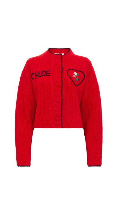 Short Wool and Cashmere Knitted Logo Cardigan in Red