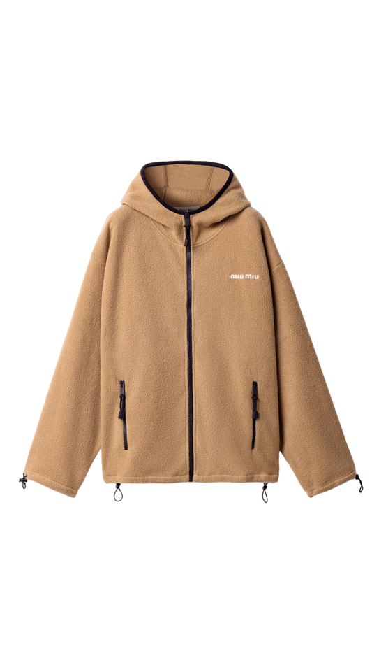 Cotton Fleece Zipper Hoodie in Camel Brown
