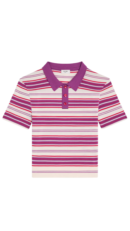 Polo Sweater in White / Purple Striped Cotton