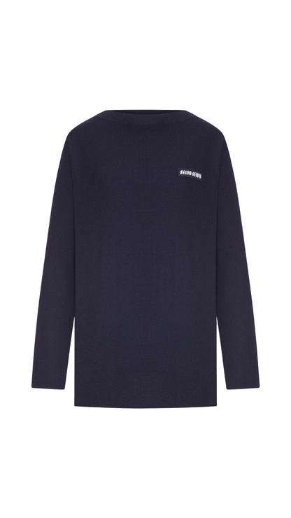 Oversized Ribbed Knit Sweater with Logo in Navy Blue