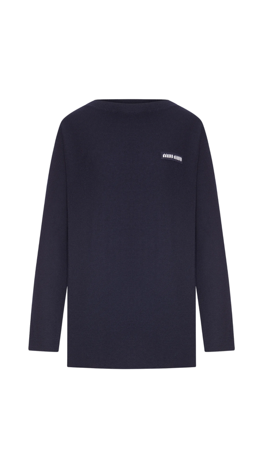 Oversized Ribbed Knit Sweater with Logo in Navy Blue