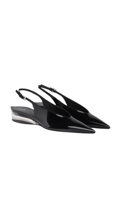 Invisible Wedge Slingbacks in Black Patent Calfskin