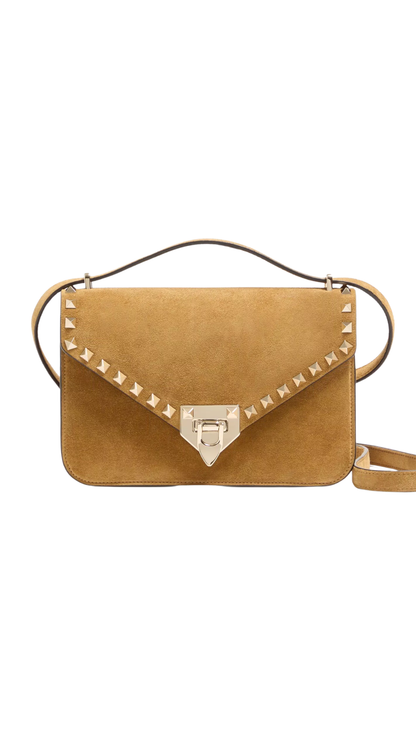 Valentino Garavani Rockstud Small Shoulder Bag In Havana Baige Suede