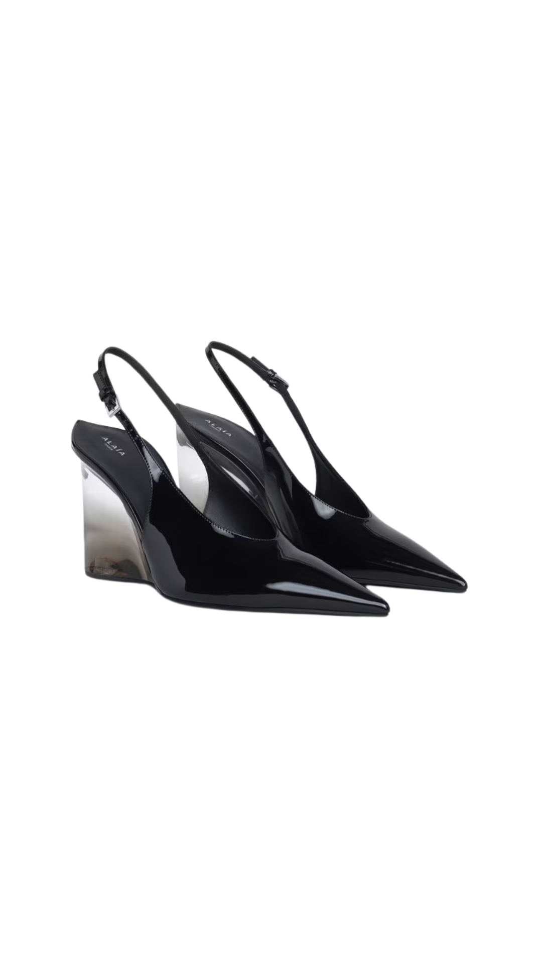 Invisible Wedge Slingbacks in Black Patent Calfskin