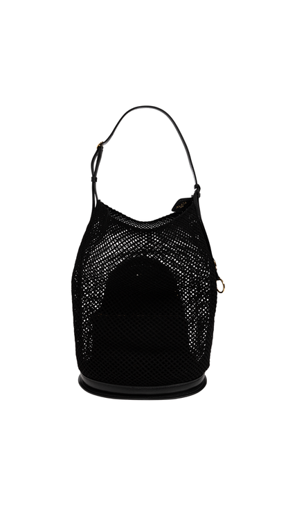 Hip Large Bucket Bag in Black Suede Net