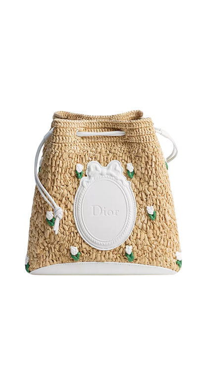 Dioriviera Dior Blooming Mini Bucket Bag Raffia Embroidered with Multicolor Flowers and White