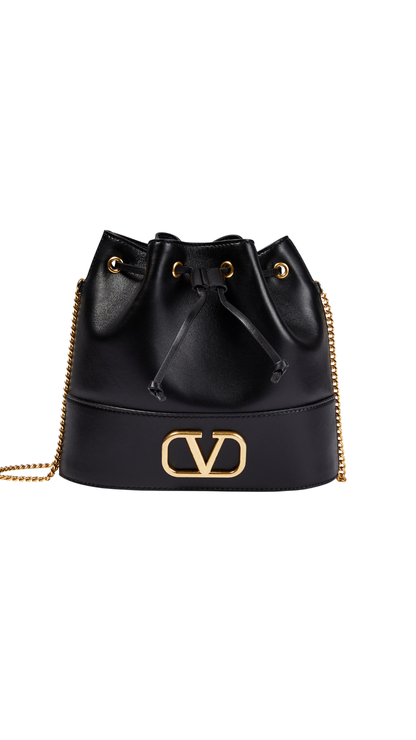 VLogo Signature Small Leather Bucket Bag in Black