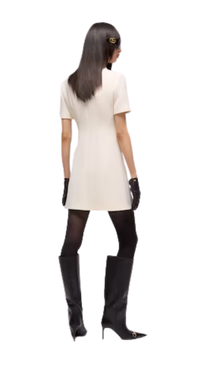Crêpe Wool Dress with Double G Button in White