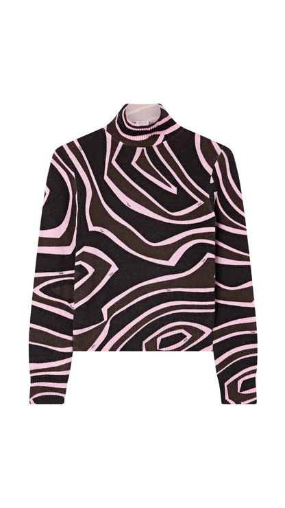 Labirinto Print High-Neck Wool Sweater in Khaki and Pink