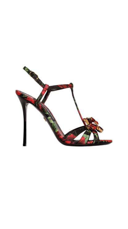 Rose-Print Brocade Sandals in Multi-Colored