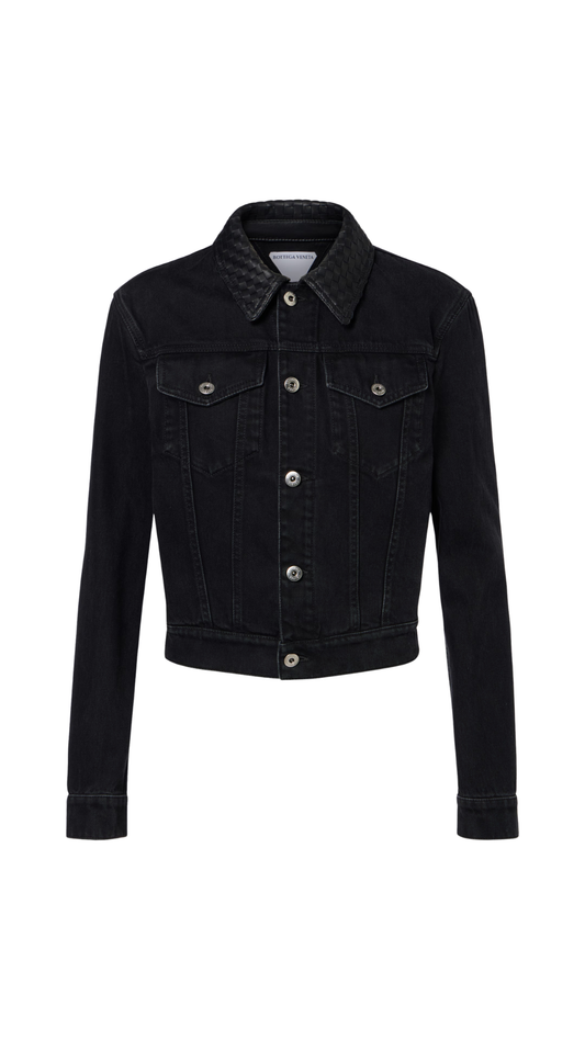 Intrecciato Leather-Trimmed Denim Jacket in Black