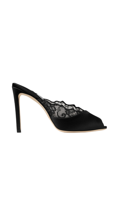 Brigitte Mule 100 in Black Jimmy Choo Lace and Satin Mules