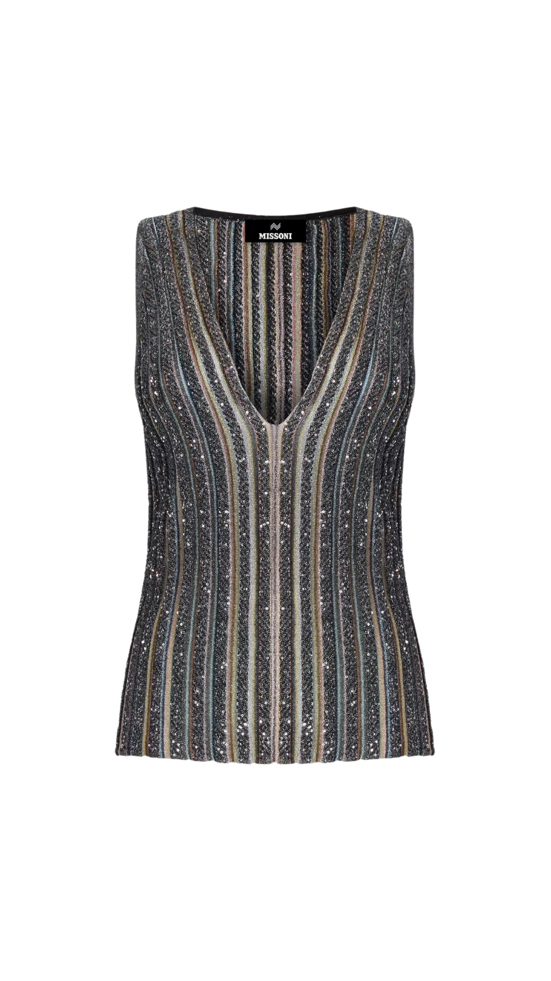 Ribbed Top with Sequins and V-Neck in Black Multicoloured