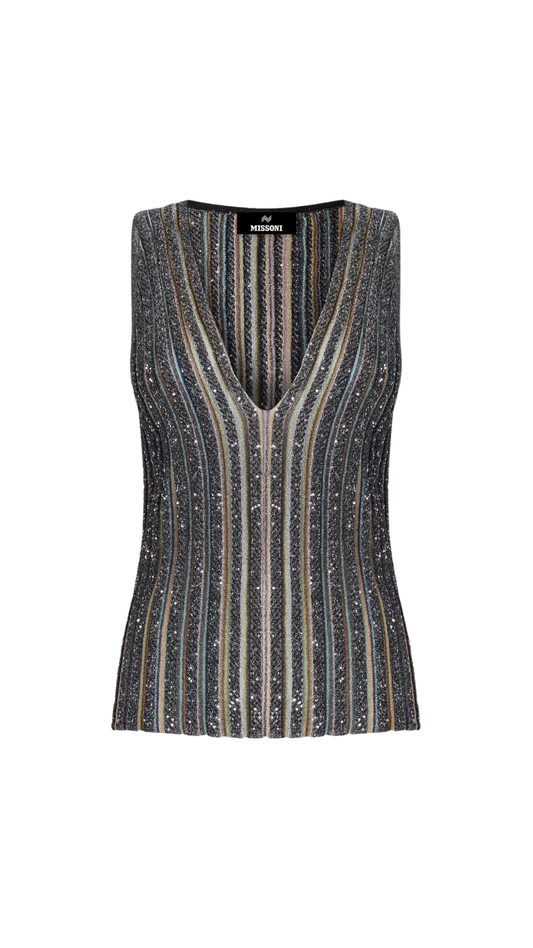 Ribbed Top with Sequins and V-Neck in Black Multicoloured