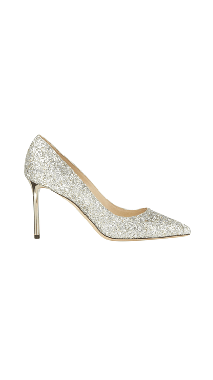 Romy 85 Champagne Coarse Glitter Fabric Pointy Toe Pumps