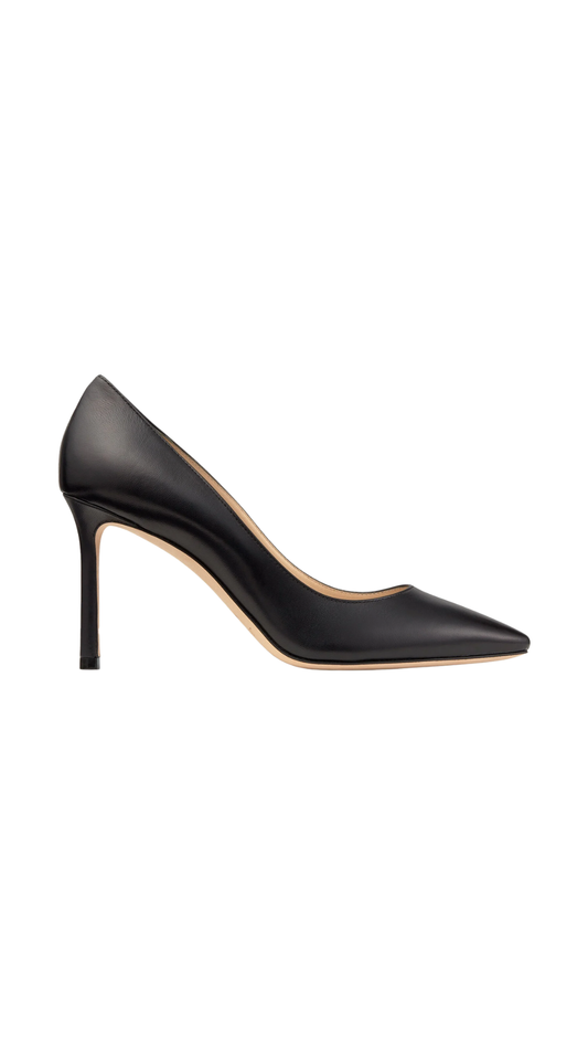Romy 85 in Black Kid Leather Pointy Toe Pumps