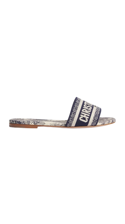 Dway Slide in Vibrant Blue Embroidered Cotton and Toile de Jouy Motif