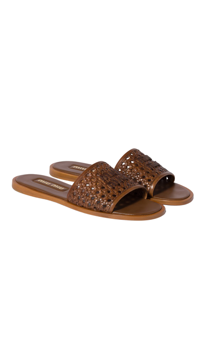 Woven Leather Slides in Cognac
