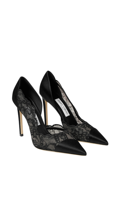 Brigitte 100 in Black Jimmy Choo Lace and Satin Pumps