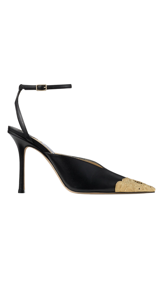 Faiz 100 in Black and Vintage Gold Leather Pumps with Metal Lace Detail