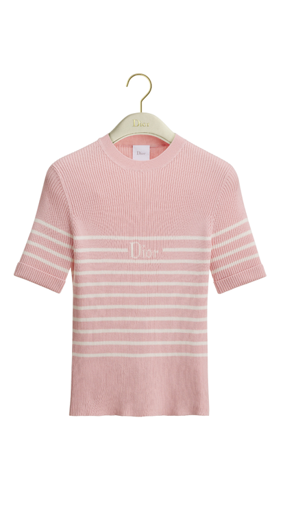 Dioriviera Short-Sleeved Fitted Sweater in White and Pink D-Stripes Ribbed Cotton Knit