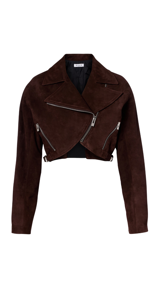 Cropped Suede Biker Jacket in Brown