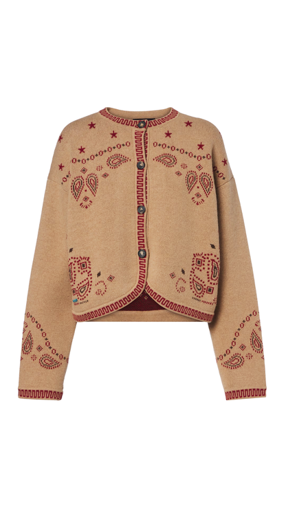 Bandana Jacquard Wool and Cashmere Cardigan in Beige