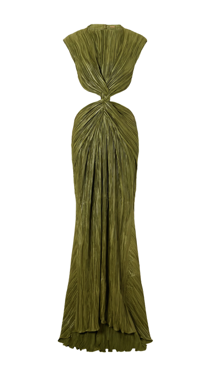 Voss Gown Origami Plisse Gown Featuring a High Neck in Chive