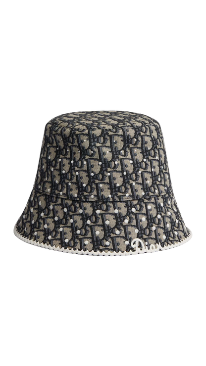 PolkaDior Oblique Teddy-D Small Brim Bucket Hat in Navy Blue Cotton-Blend Jacquard