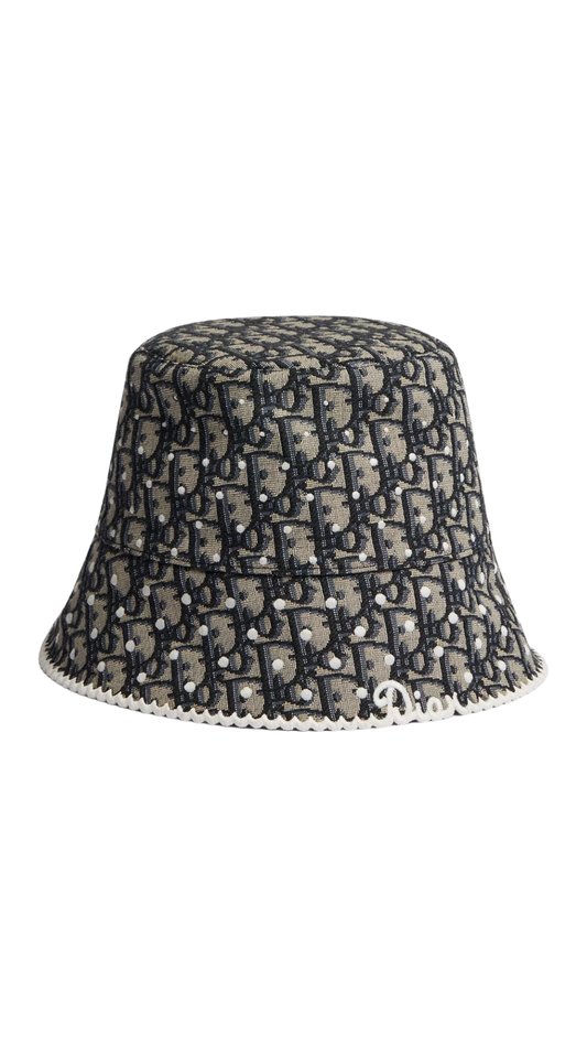 PolkaDior Oblique Teddy-D Small Brim Bucket Hat in Navy Blue Cotton-Blend Jacquard