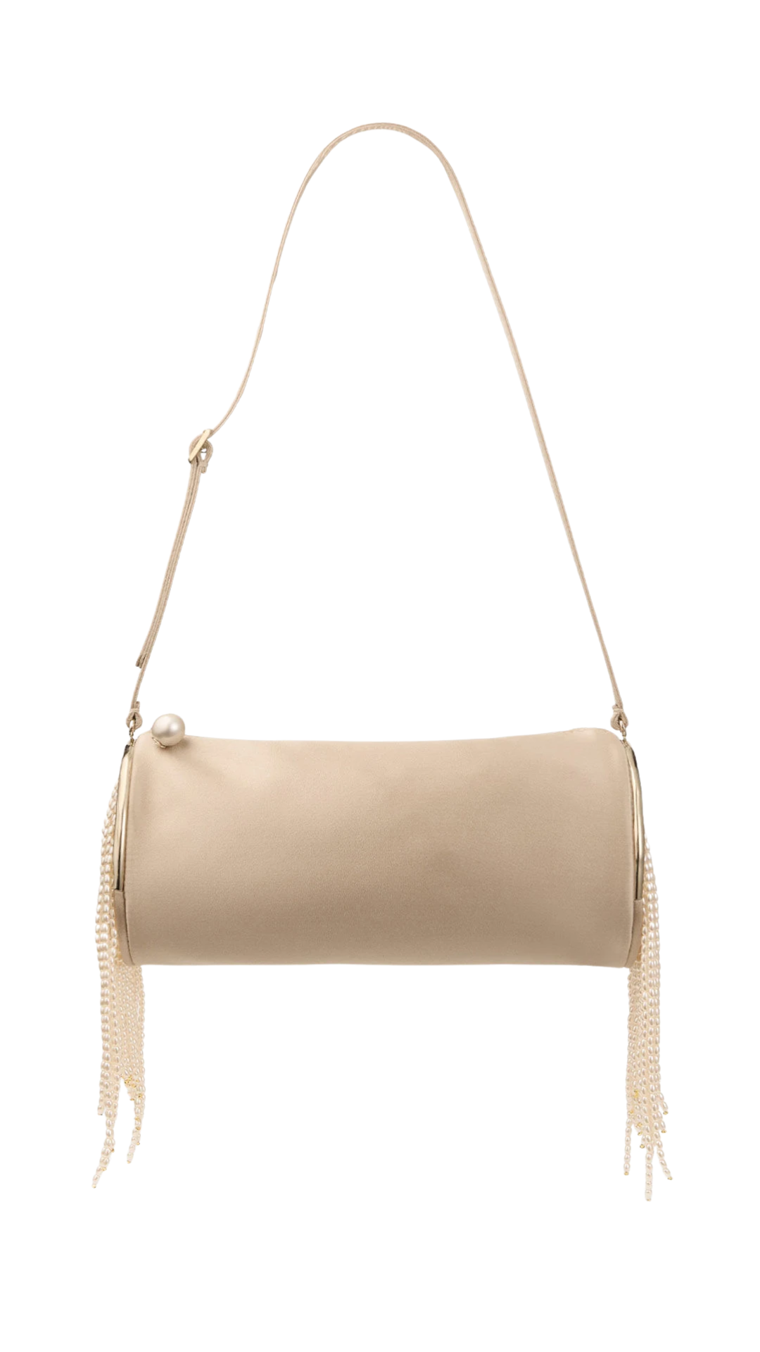 Tube Mini Bag Stone and Light Gold Satin Tube Mini Bag with Natural Pearl Fringe