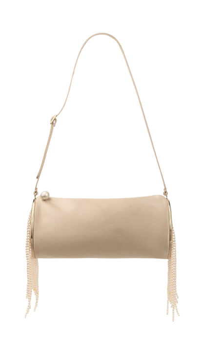 Tube Mini Bag Stone and Light Gold Satin Tube Mini Bag with Natural Pearl Fringe
