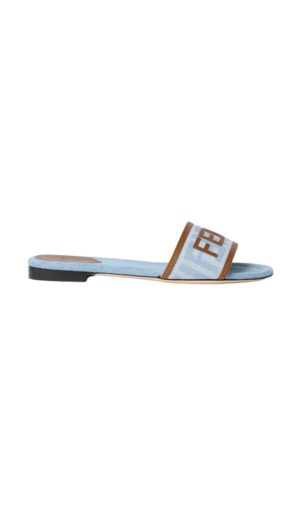 Fendi Sunshine in Light Blue Denim-Effect FF Jacquard Slides