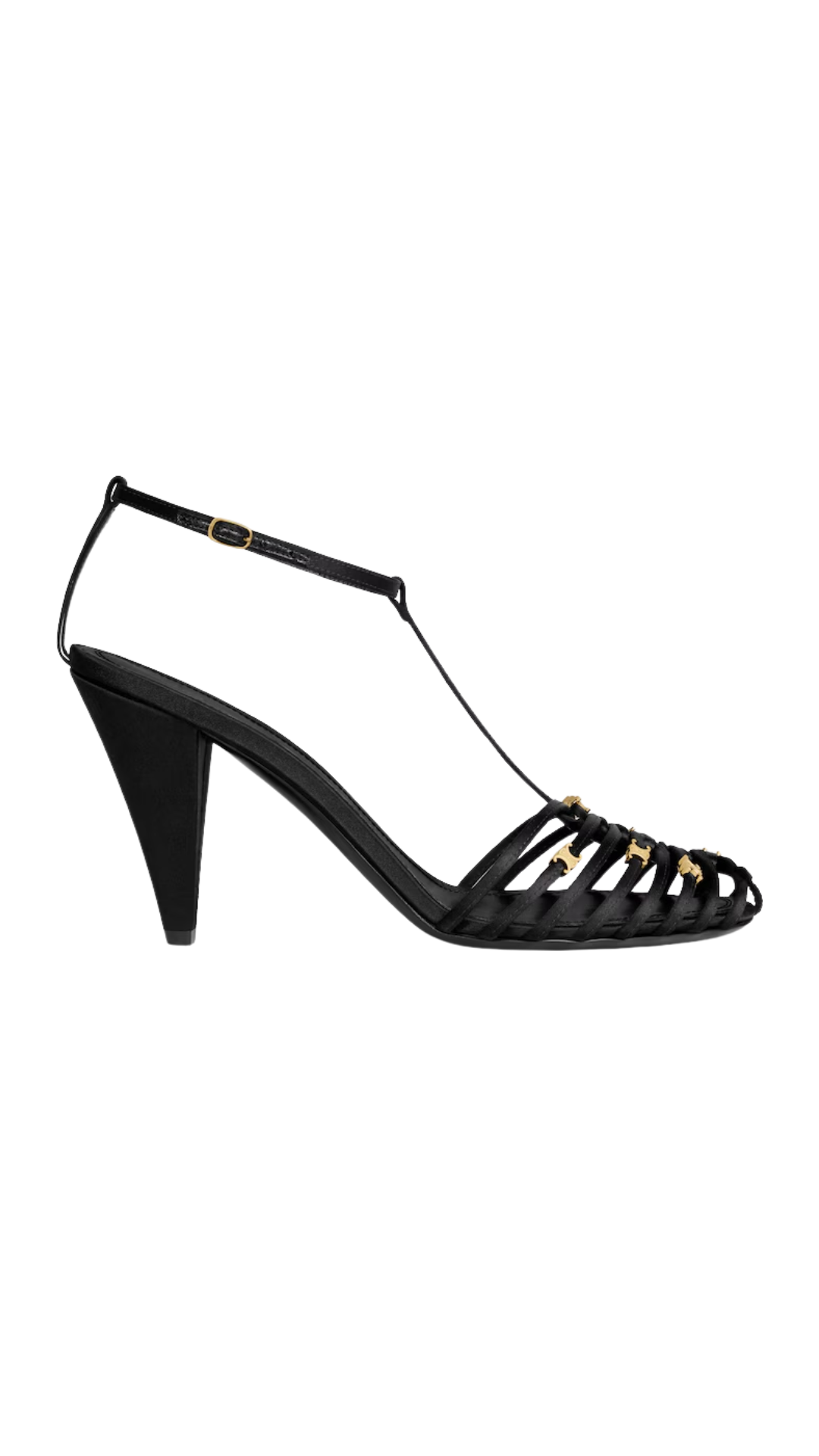 Cage Heeled Sandal in Black Satin