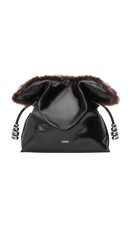 Medium Flamenco Clutch in Black Glossy Lambskin and Shearling